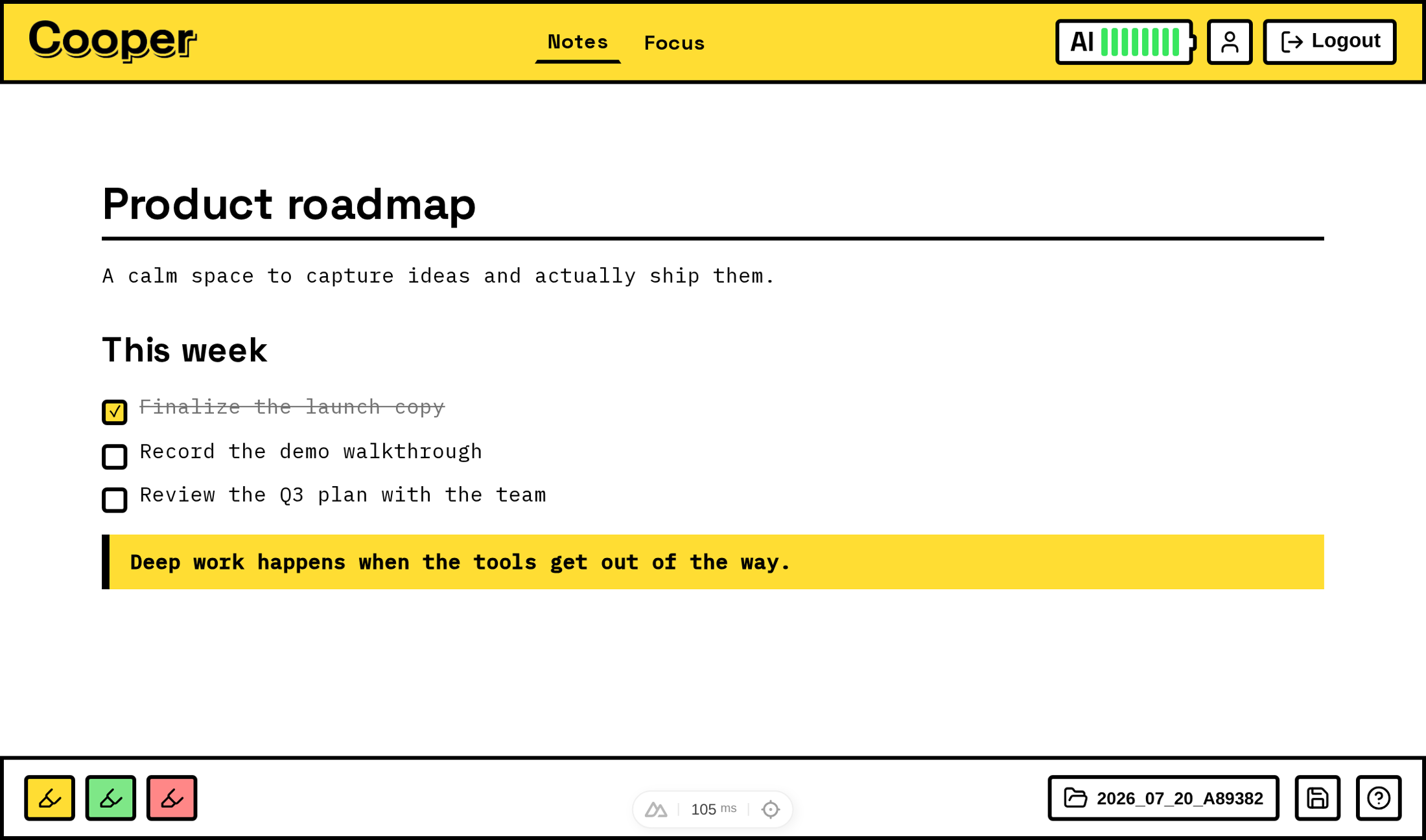 The Cooper notes editor showing a Markdown document with a heading, a checklist and a highlighted quote.