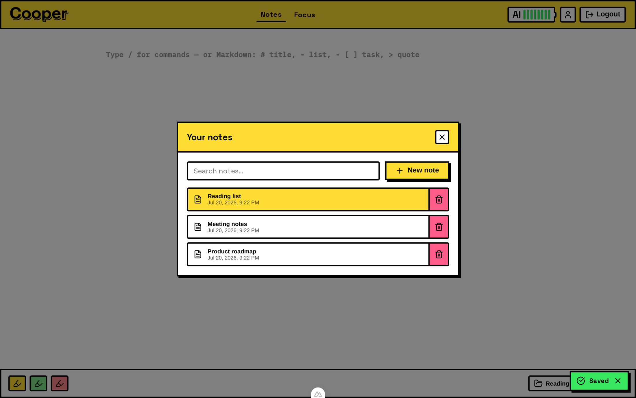 The saved-notes picker in Cooper listing several notes.